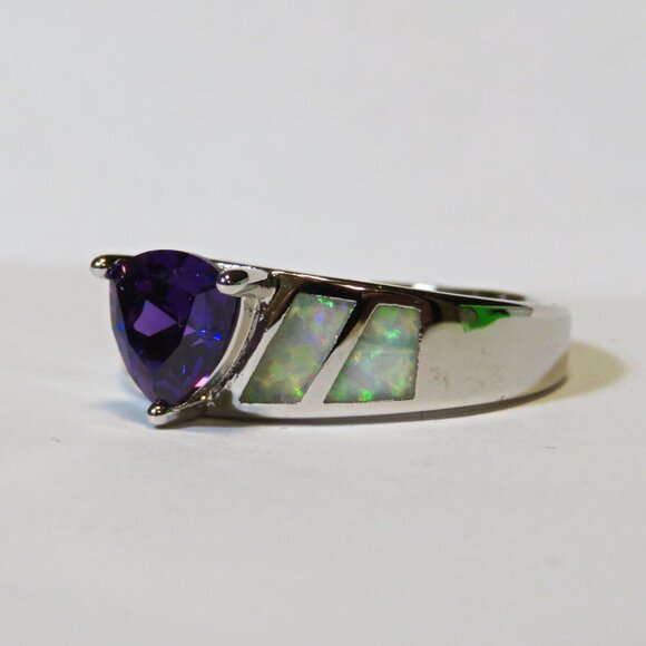 Silver Ring Size 7 White Lab Fire Opal Inlay 6mm * 6mm Amethyst New Old Stock - Picture 6 of 10